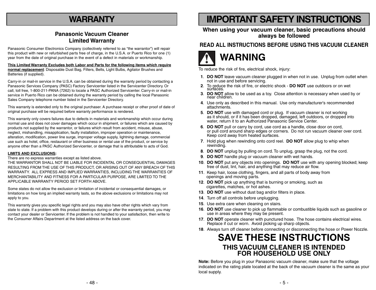 Important safety instructions, Warning, Save these instructions | Warranty | Panasonic MC-V9634 User Manual | Page 5 / 52