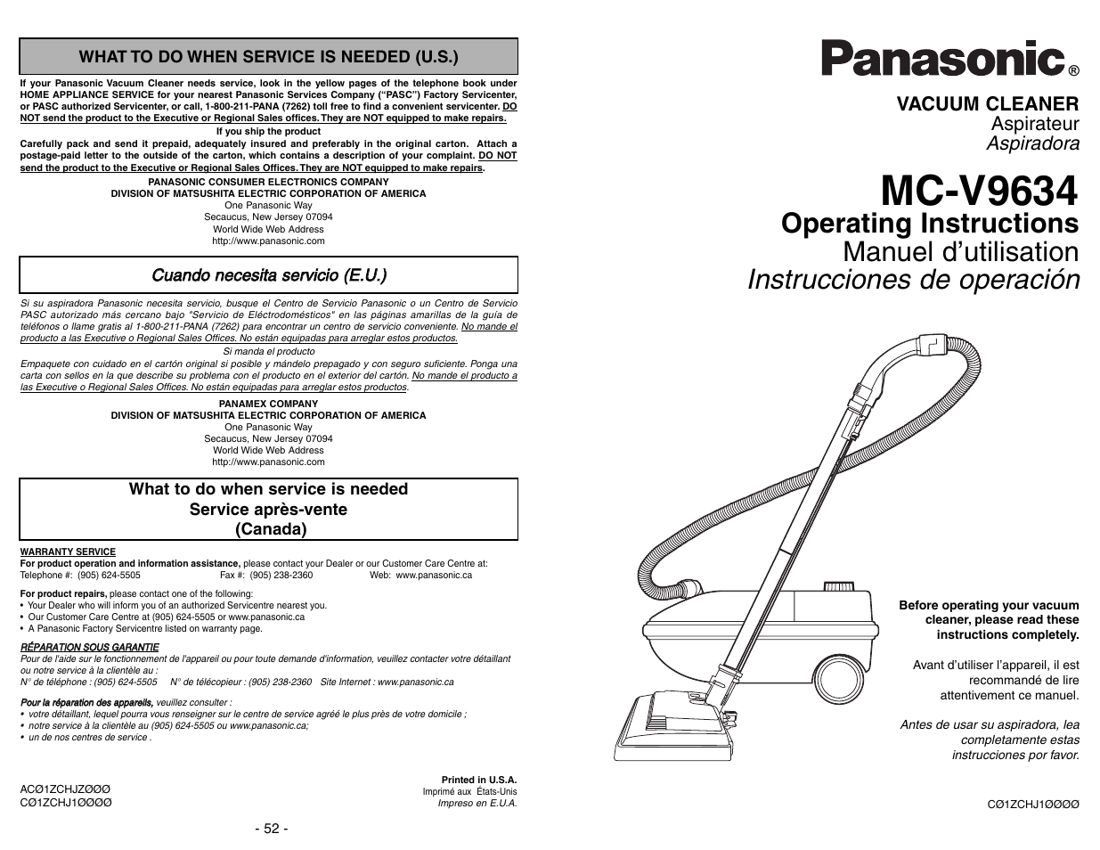 What to do when service is needed, Mc-v9634, Aspiradora | Vacuum cleaner aspirateur | Panasonic MC-V9634 User Manual | Page 52 / 52