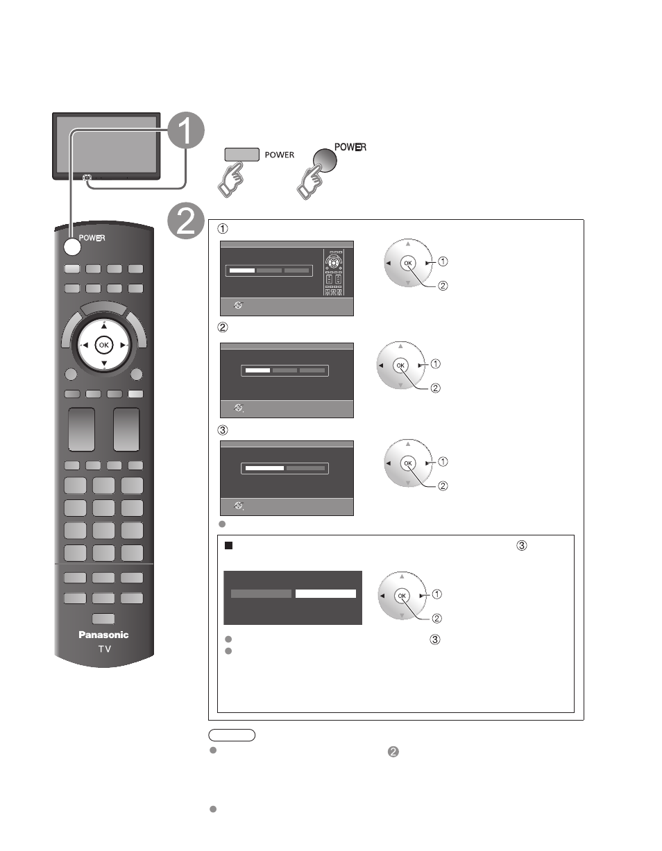 First time setup, Turn the tv on with the power button, Configure your viewing mode | Be sure to select “home use”), Select your language, Select your country, Select your viewing mode | Panasonic 60"/65" Class 1080p Plasma HDTV TC-P60ST30 User Manual | Page 14 / 68