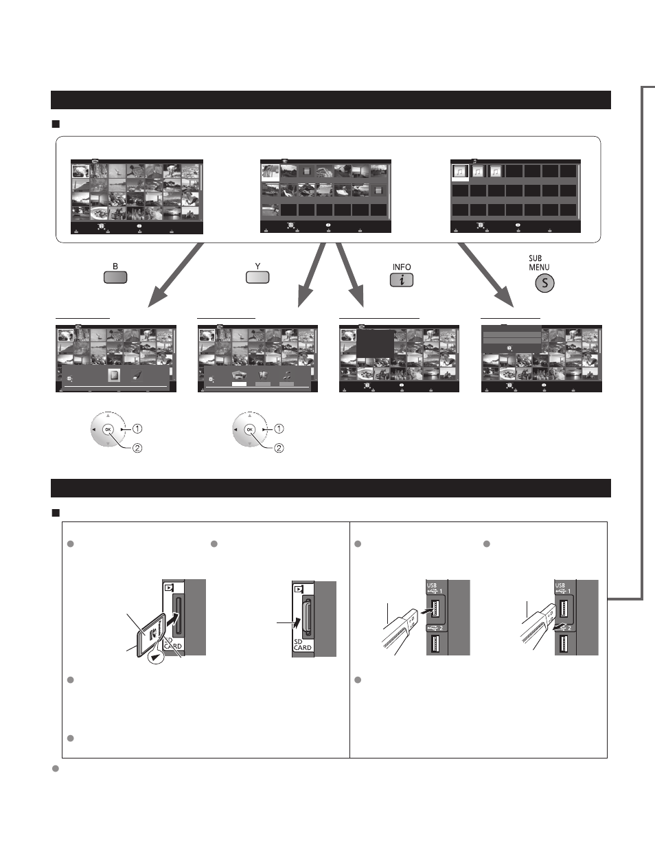 Using media player, Basic features for media player, Media information | Available contents and features, Photos, Videos, Music, Drive select, Media select, Information panel | Panasonic 60"/65" Class 1080p Plasma HDTV TC-P60ST30 User Manual | Page 26 / 68