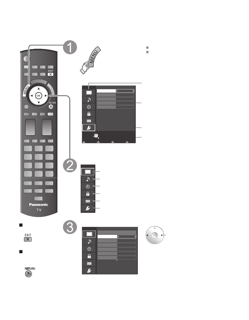 How to use menu functions, Display the menu, Select the menu | Select the item and adjust | Panasonic 60"/65" Class 1080p Plasma HDTV TC-P60ST30 User Manual | Page 48 / 68