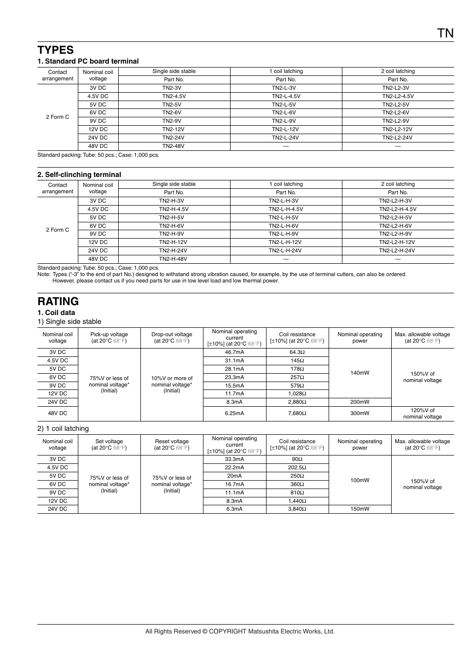 Types, Rating | Panasonic TN Relay User Manual | Page 2 / 5