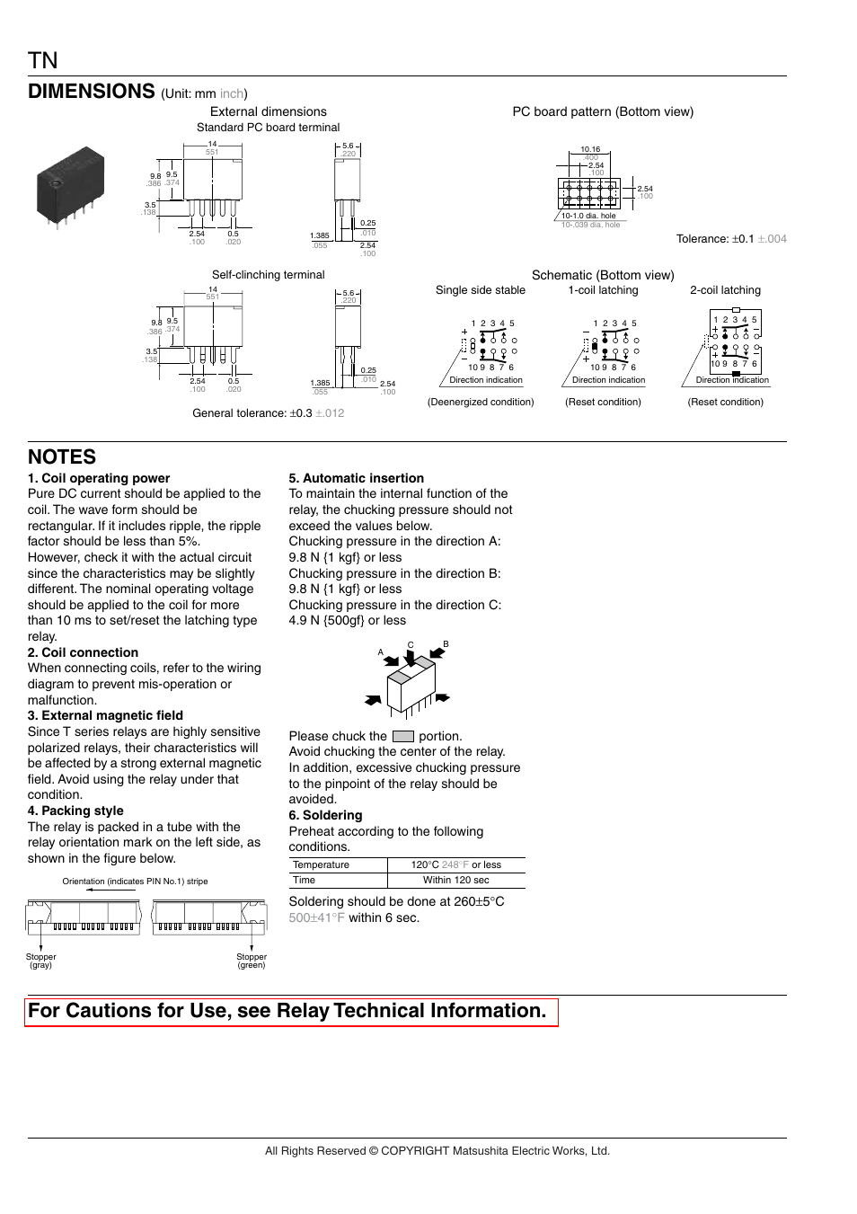 Dimensions, Unit: mm inch ), External dimensions | Pc board pattern (bottom view), Schematic (bottom view) | Panasonic TN Relay User Manual | Page 5 / 5