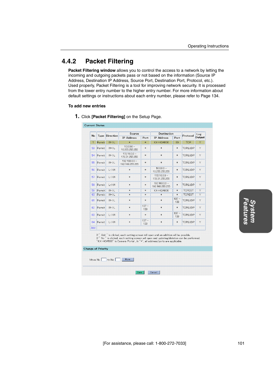 2 packet filtering, System featur es 4.4.2 packet filtering | Panasonic KX-HGW600 User Manual | Page 101 / 152