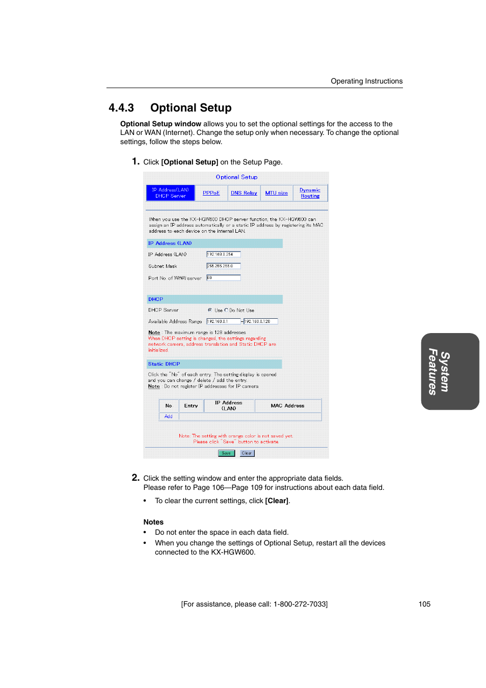3 optional setup, System featur es 4.4.3 optional setup | Panasonic KX-HGW600 User Manual | Page 105 / 152