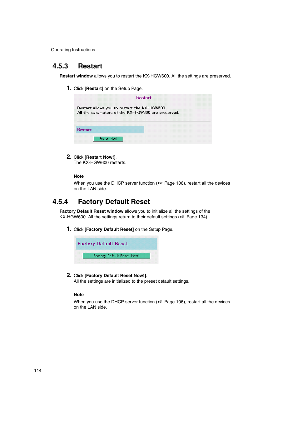 3 restart, 4 factory default reset, 3 restart 4.5.4 factory default reset | Panasonic KX-HGW600 User Manual | Page 114 / 152