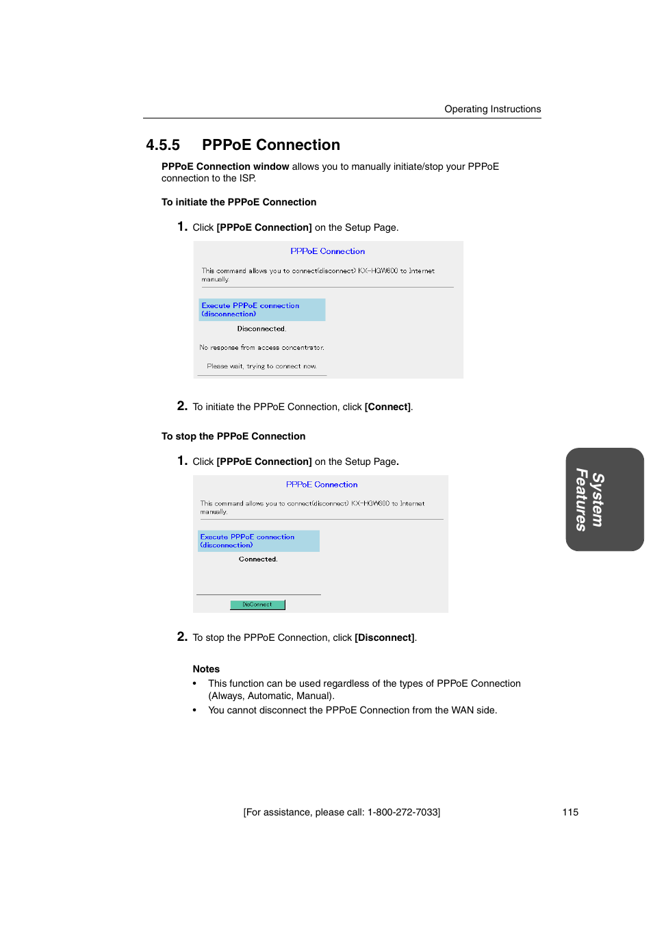 5 pppoe connection, System featur es 4.5.5 pppoe connection | Panasonic KX-HGW600 User Manual | Page 115 / 152