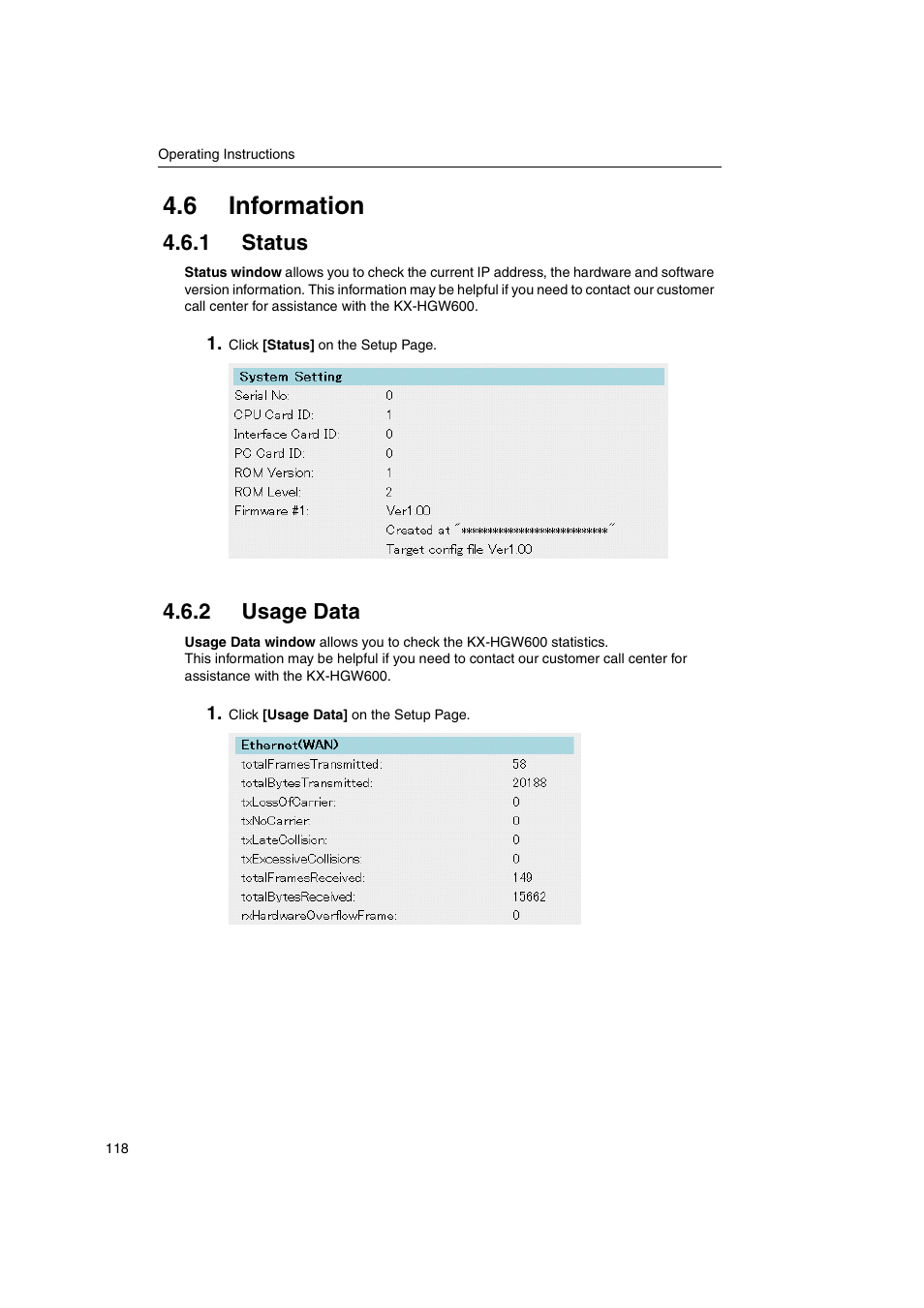 6 information, 1 status, 2 usage data | 1 status 4.6.2 usage data | Panasonic KX-HGW600 User Manual | Page 118 / 152
