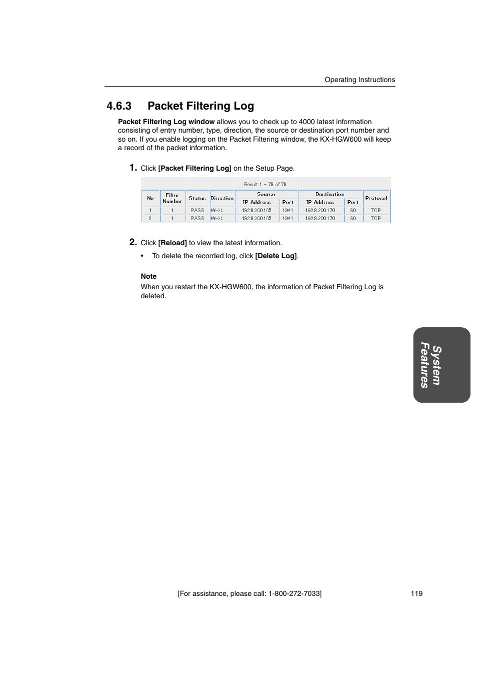 3 packet filtering log, System featur es 4.6.3 packet filtering log | Panasonic KX-HGW600 User Manual | Page 119 / 152