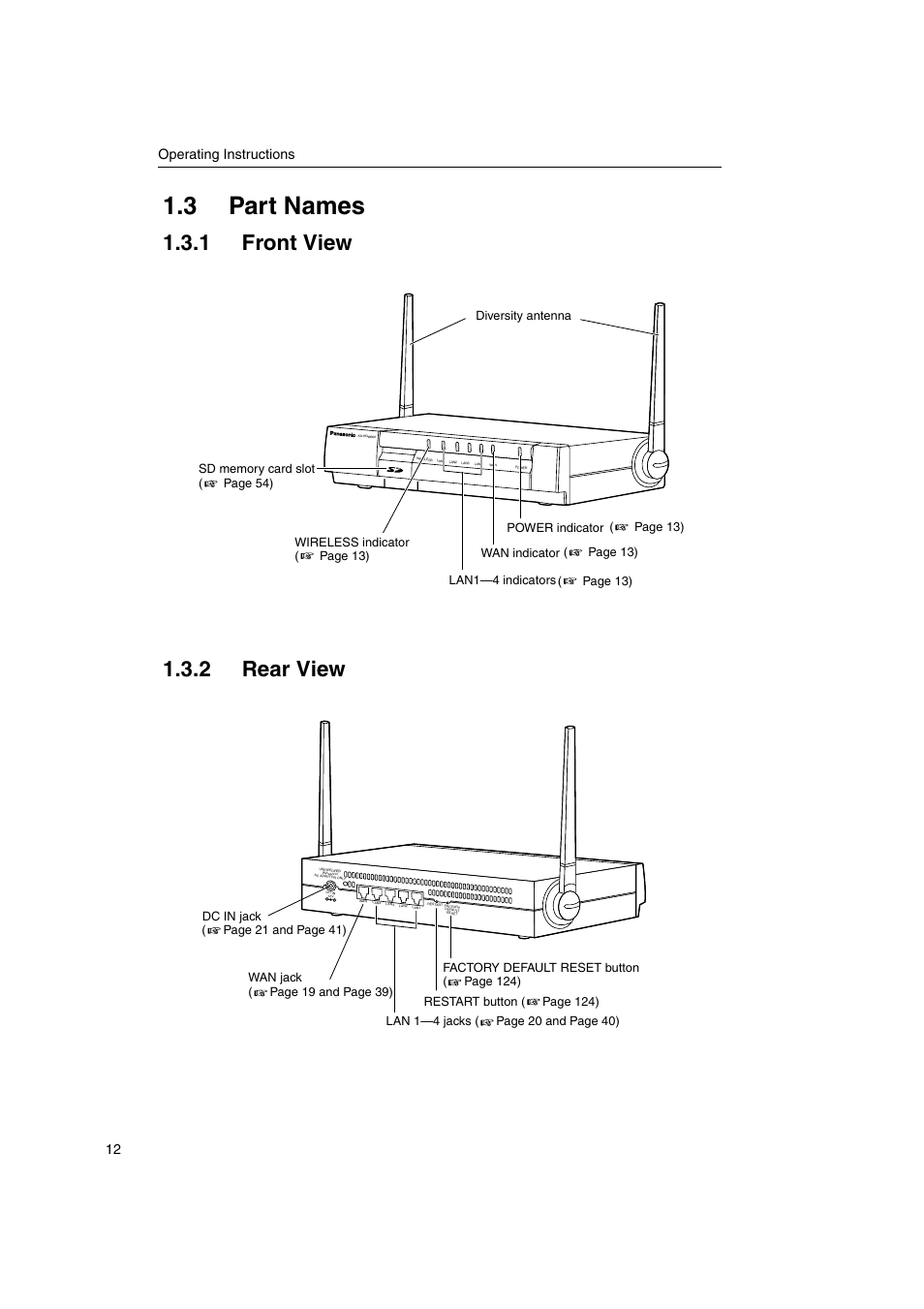 3 part names, 1 front view, 2 rear view | 1 front view 1.3.2 rear view, Operating instructions 12 | Panasonic KX-HGW600 User Manual | Page 12 / 152