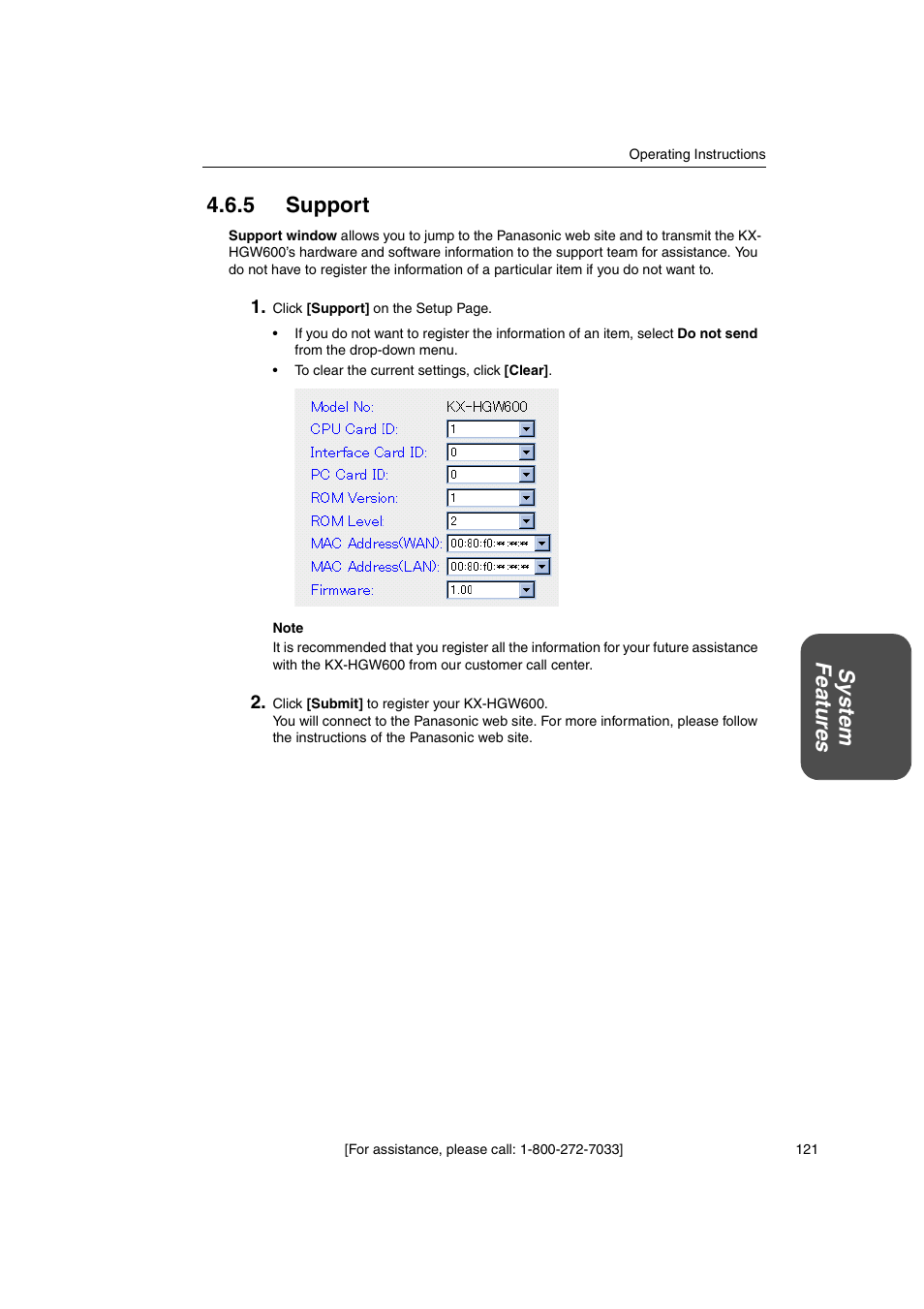 5 support, System featur es 4.6.5 support | Panasonic KX-HGW600 User Manual | Page 121 / 152