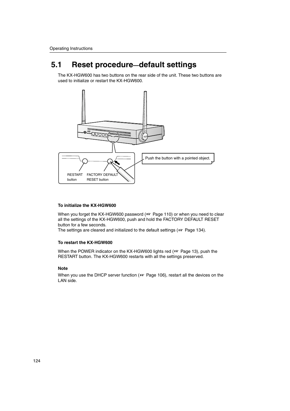 1 reset procedure—default settings, 1 reset procedure, Default settings | Panasonic KX-HGW600 User Manual | Page 124 / 152