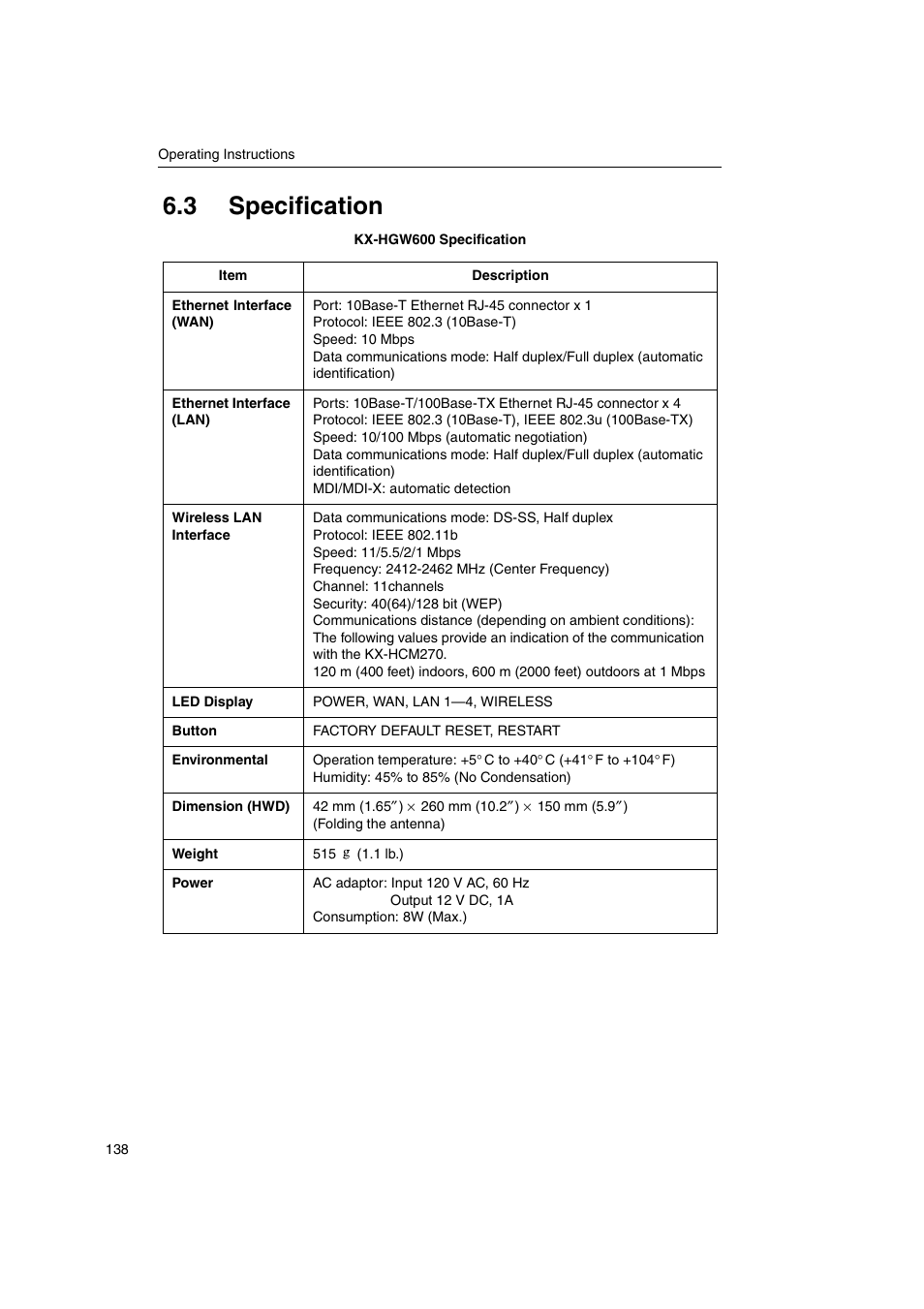 3 specification | Panasonic KX-HGW600 User Manual | Page 138 / 152