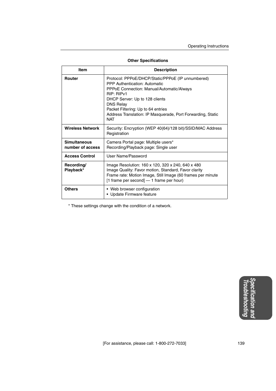 Spe cif ic atio n and tr ou ble shoo ting | Panasonic KX-HGW600 User Manual | Page 139 / 152