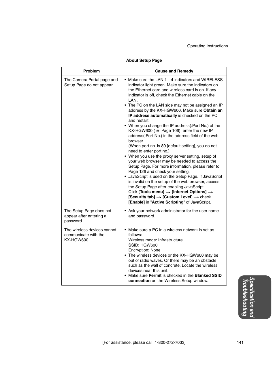 Spe cif ic atio n and tr ou ble shoo ting | Panasonic KX-HGW600 User Manual | Page 141 / 152