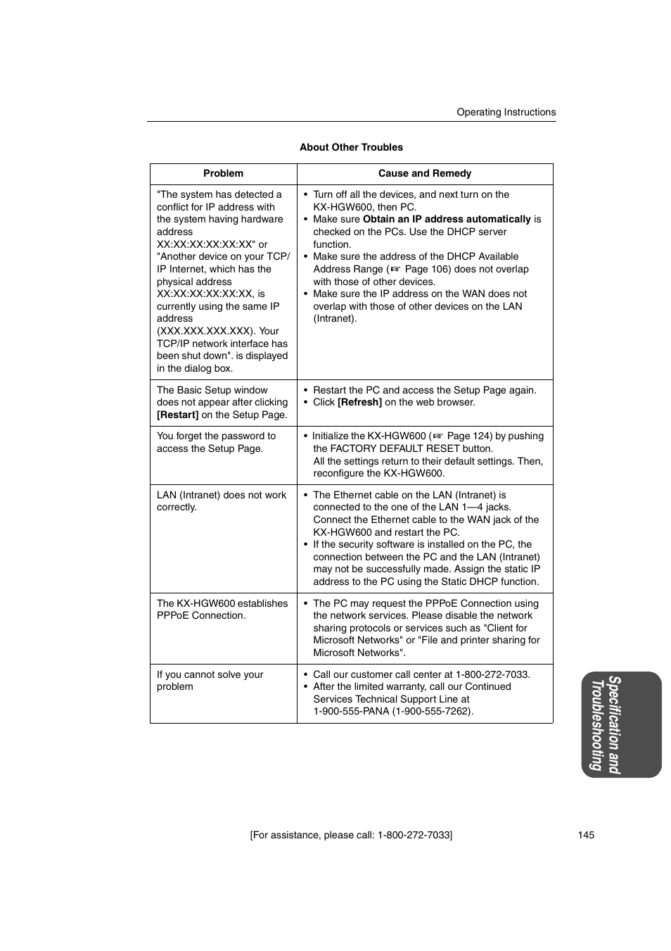 Spe cif ic atio n and tr ou ble shoo ting | Panasonic KX-HGW600 User Manual | Page 145 / 152