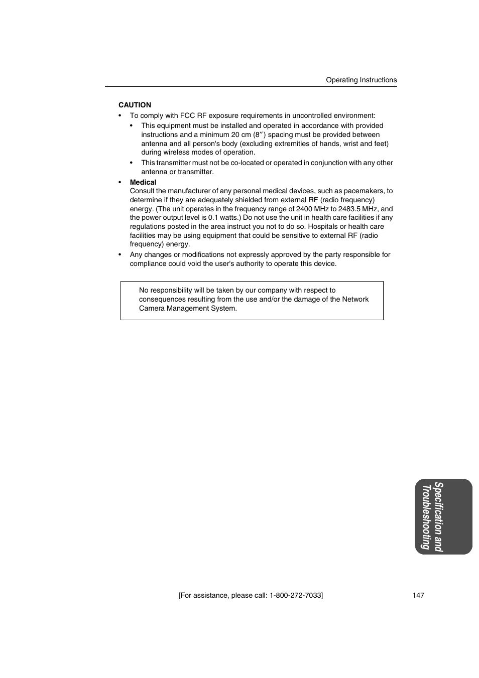Spe cif ic atio n and tr ou ble shoo ting | Panasonic KX-HGW600 User Manual | Page 147 / 152