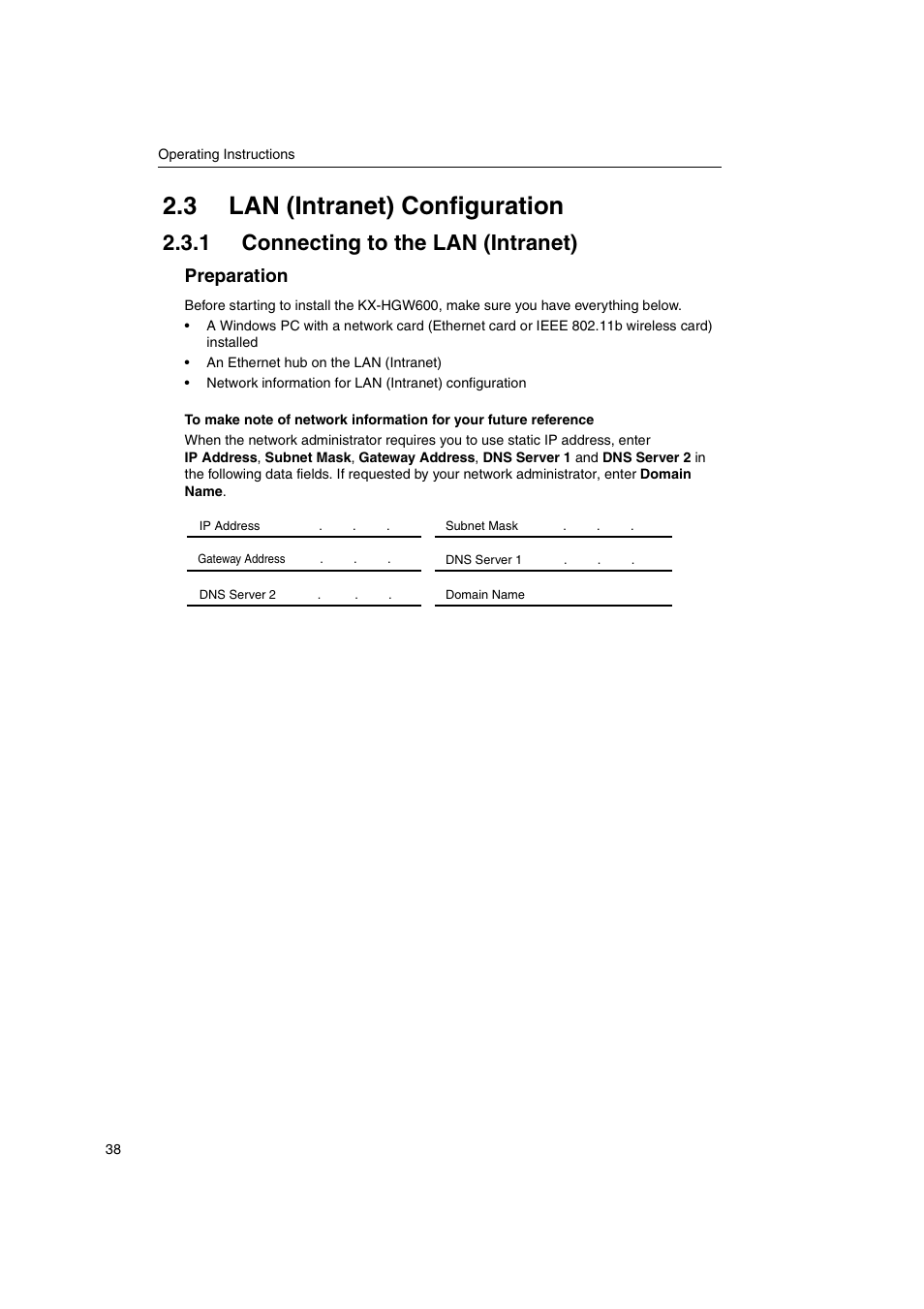 3 lan (intranet) configuration, 1 connecting to the lan (intranet), Preparation | Panasonic KX-HGW600 User Manual | Page 38 / 152