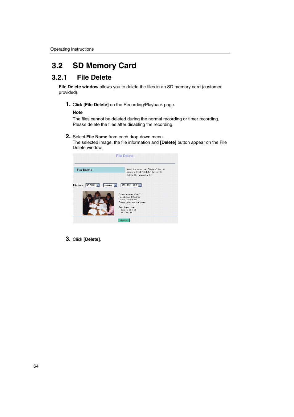 2 sd memory card, 1 file delete | Panasonic KX-HGW600 User Manual | Page 64 / 152