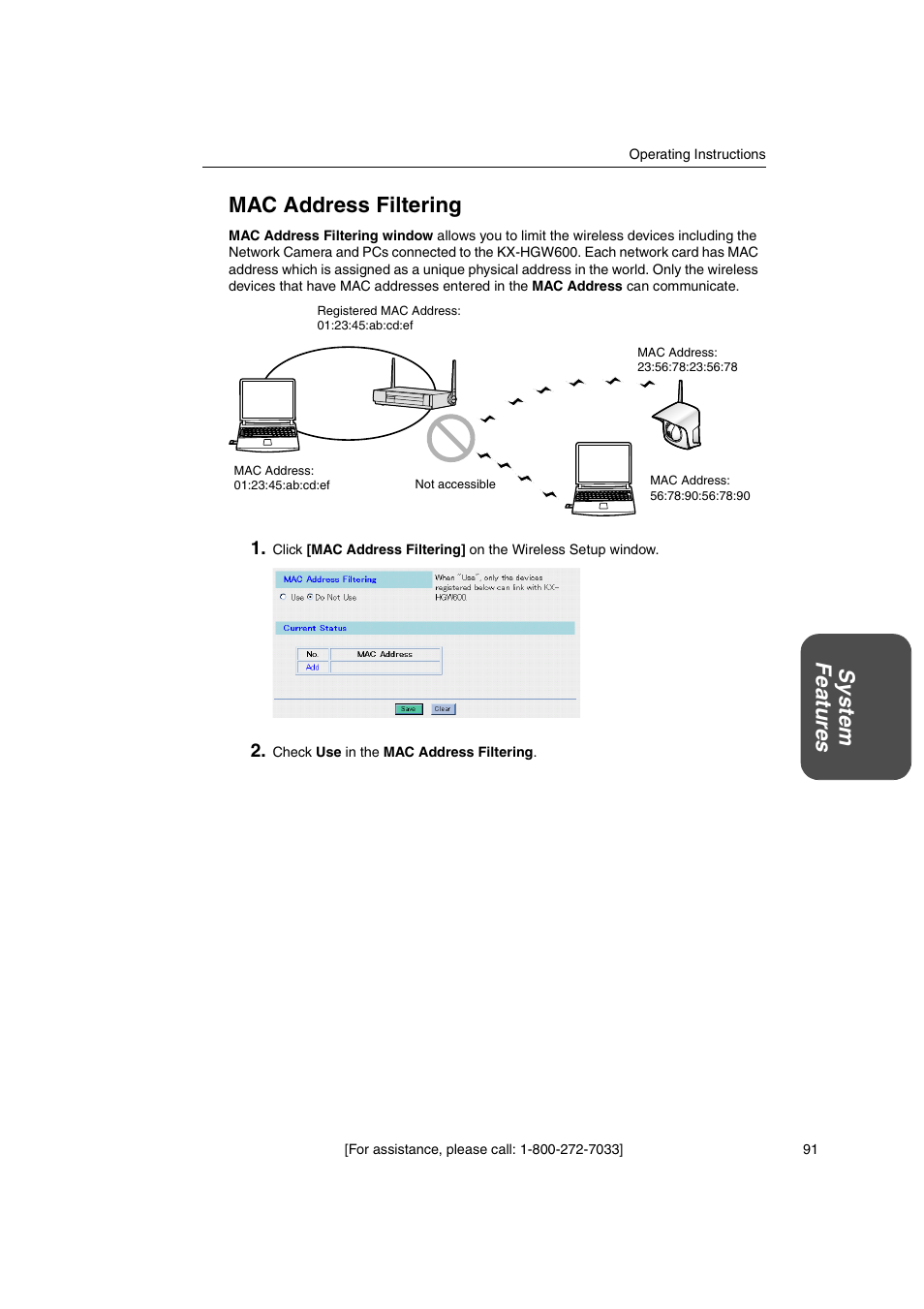 System featur es mac address filtering | Panasonic KX-HGW600 User Manual | Page 91 / 152