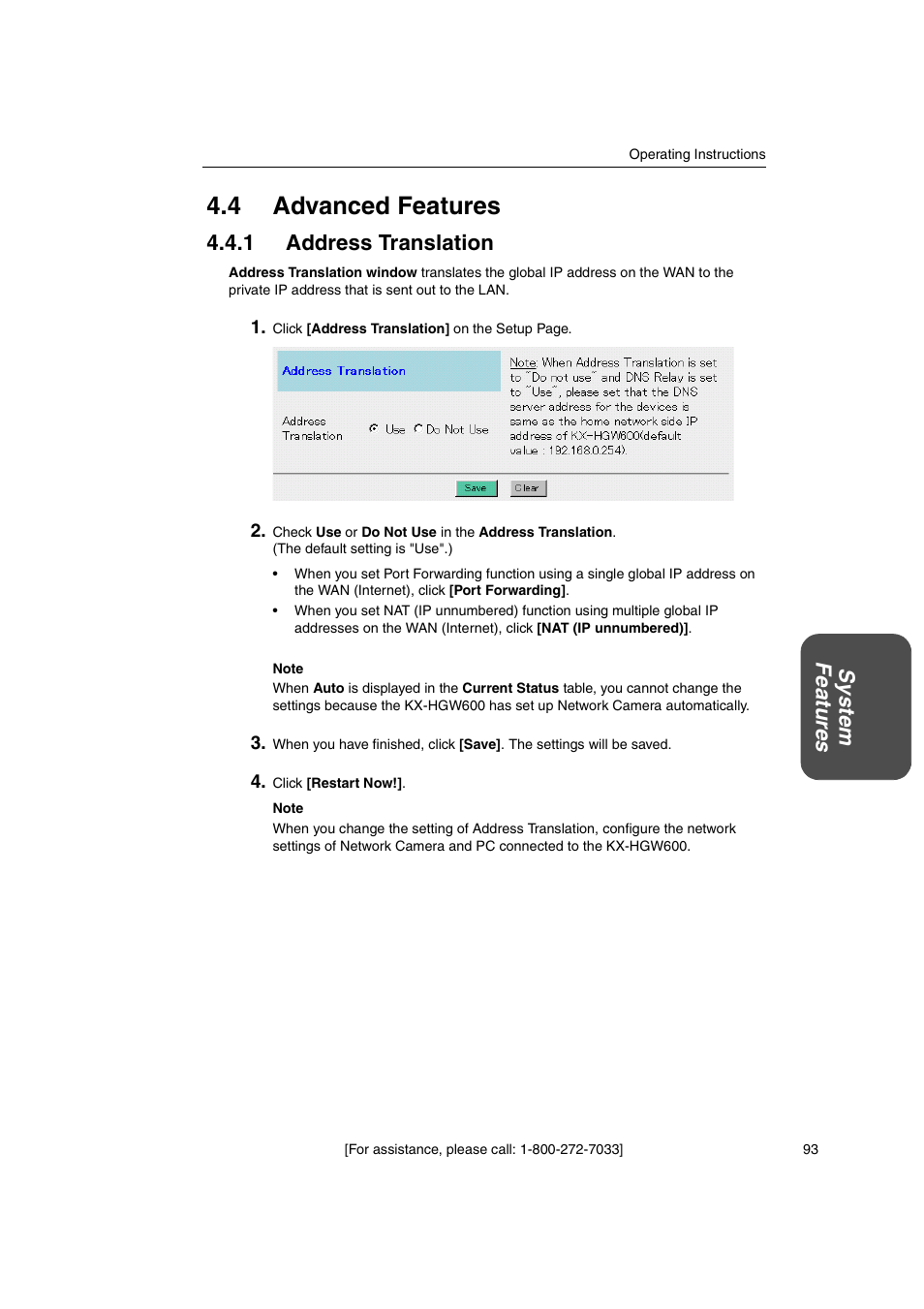 4 advanced features, 1 address translation, System featur es | Panasonic KX-HGW600 User Manual | Page 93 / 152