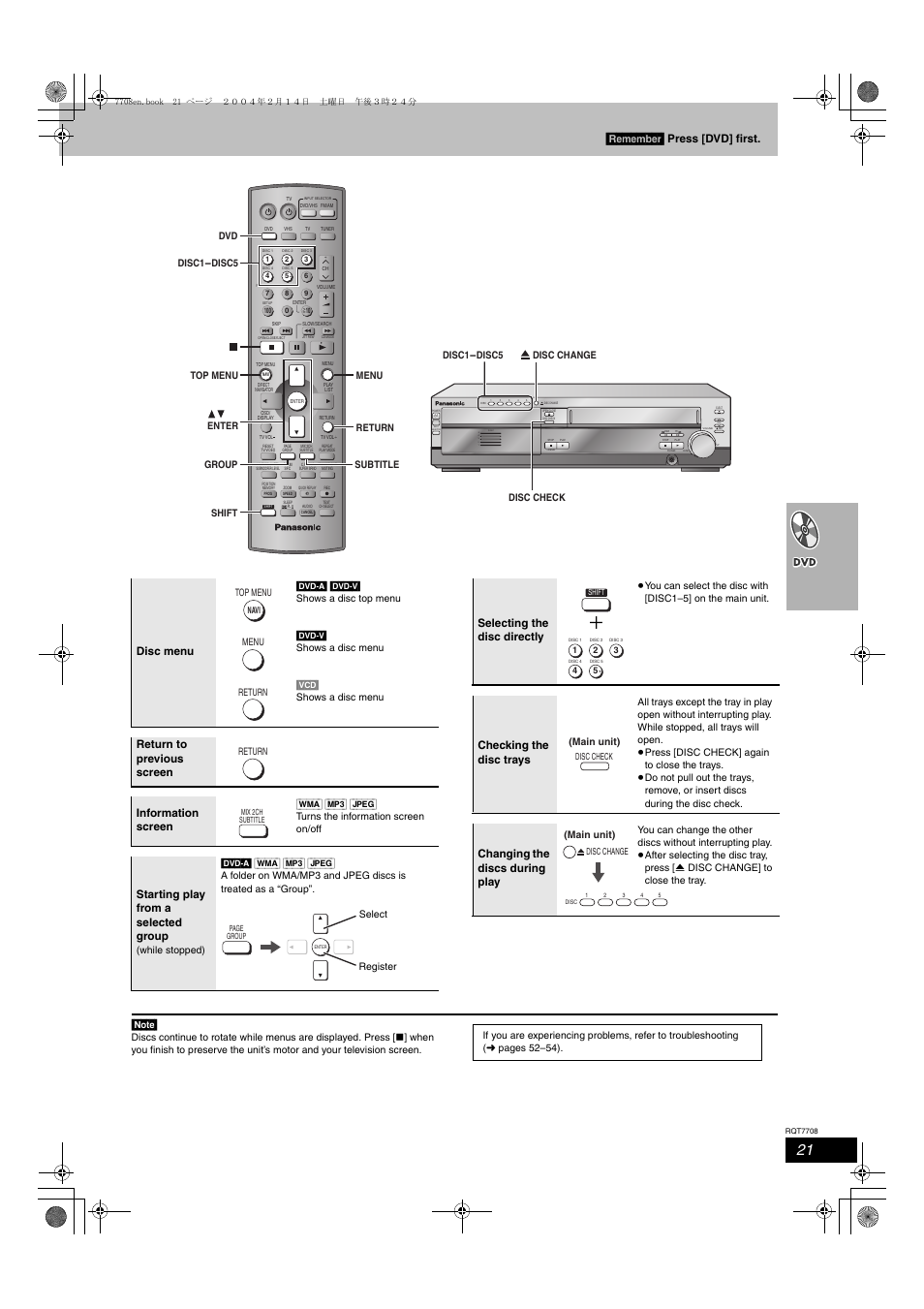 Remember, Disc menu, Return to previous screen information screen | Starting play from a selected group, Selecting the disc directly, Checking the disc trays, Changing the discs during play, Press [dvd] first, Dvd-v] shows a disc menu [vcd] shows a disc menu, Top menu menu return return | Panasonic SC-HT822V User Manual | Page 21 / 56