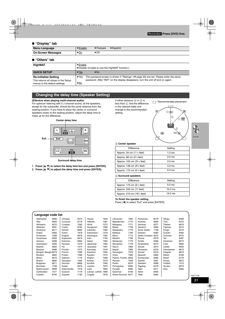 Changing the delay time (speaker setting), Display” tab, Others” tab | Language code list, Remember | Panasonic SC-HT822V User Manual | Page 31 / 56