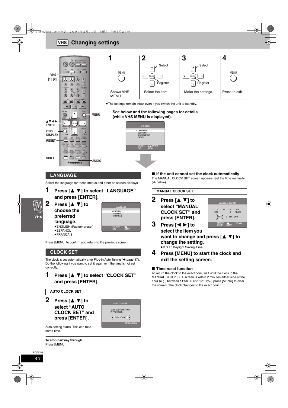 Changing settings, Press [ 3 4 ] to choose the preferred language, Language clock set | If the unit cannot set the clock automatically, Time reset function | Panasonic SC-HT822V User Manual | Page 40 / 56