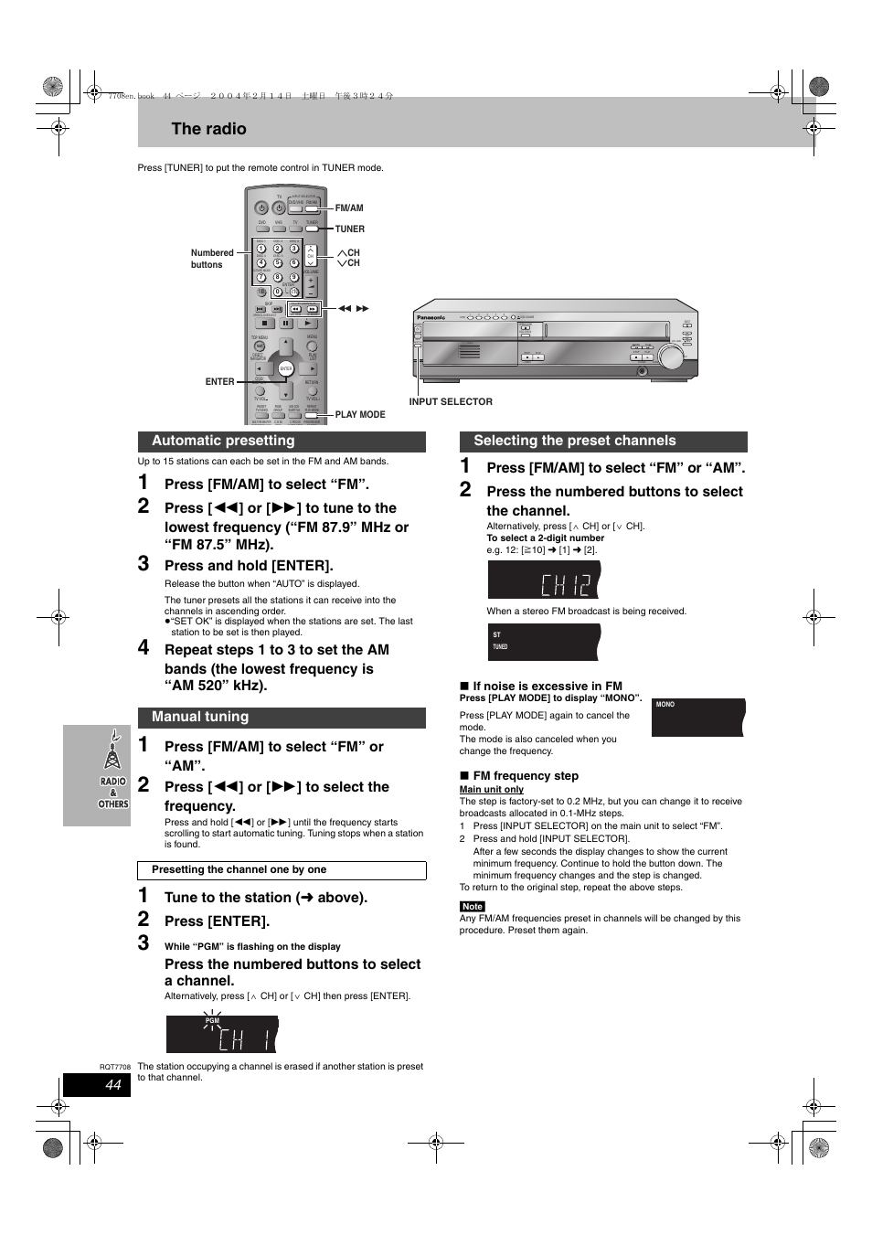 Radio & others, The radio, Press [fm/am] to select “fm | Press and hold [enter, Press [fm/am] to select “fm” or “am, Press [ 6 ] or [ 5 ] to select the frequency, Tune to the station ( ➜ above), Press [enter, Press the numbered buttons to select a channel, Press the numbered buttons to select the channel | Panasonic SC-HT822V User Manual | Page 44 / 56