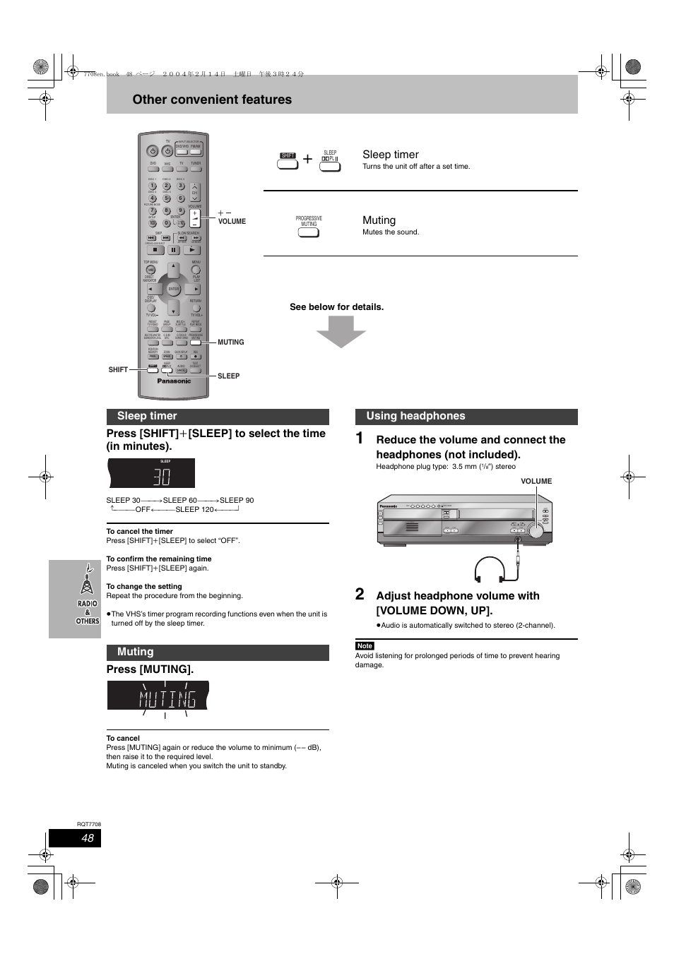 Other convenient features, Press [muting, Adjust headphone volume with [volume down, up | Sleep timer, Muting, Sleep timer muting, Using headphones, Input selector, Down up phones ch volume, Demo | Panasonic SC-HT822V User Manual | Page 48 / 56