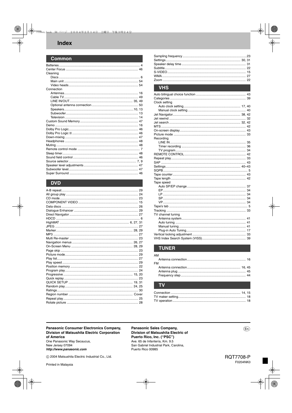 Index, Common dvd vhs tuner tv, Rqt7708-p | Panasonic SC-HT822V User Manual | Page 56 / 56