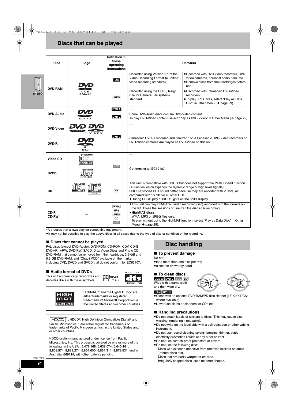 Discs that can be played, Disc handling | Panasonic SC-HT822V User Manual | Page 6 / 56