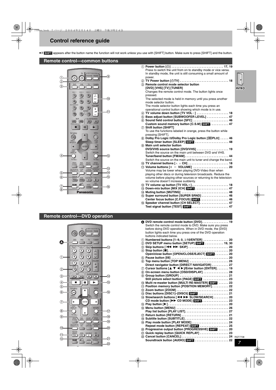 Control reference guide, Remote control—common buttons, Remote control—dvd operation | Panasonic SC-HT822V User Manual | Page 7 / 56