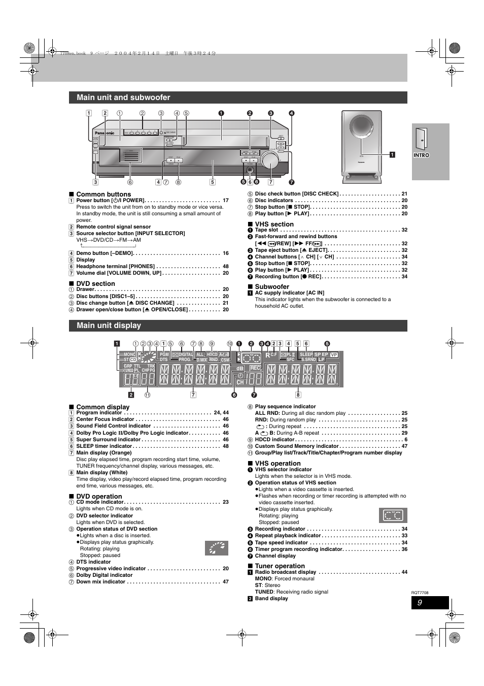 Main unit and subwoofer, Main unit display, Common buttons | Subwoofer, Common display, Dvd operation, Vhs operation, Tuner operation | Panasonic SC-HT822V User Manual | Page 9 / 56