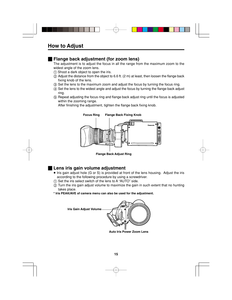 How to adjust, Flange back adjustment (for zoom lens), Lens iris gain volume adjustment | Panasonic AK-HC900P User Manual | Page 15 / 33