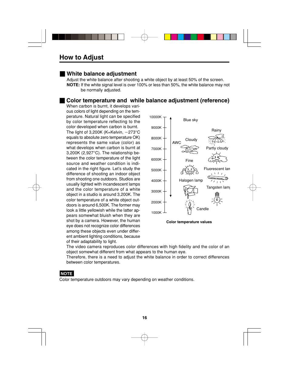 White balance adjustment, How to adjust | Panasonic AK-HC900P User Manual | Page 16 / 33
