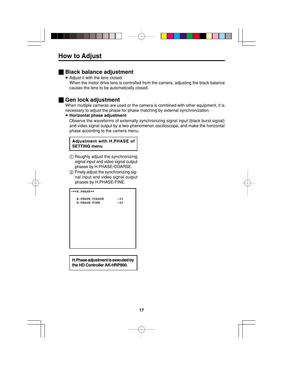 Black balance adjustment, Gen lock adjustment, How to adjust | Panasonic AK-HC900P User Manual | Page 17 / 33