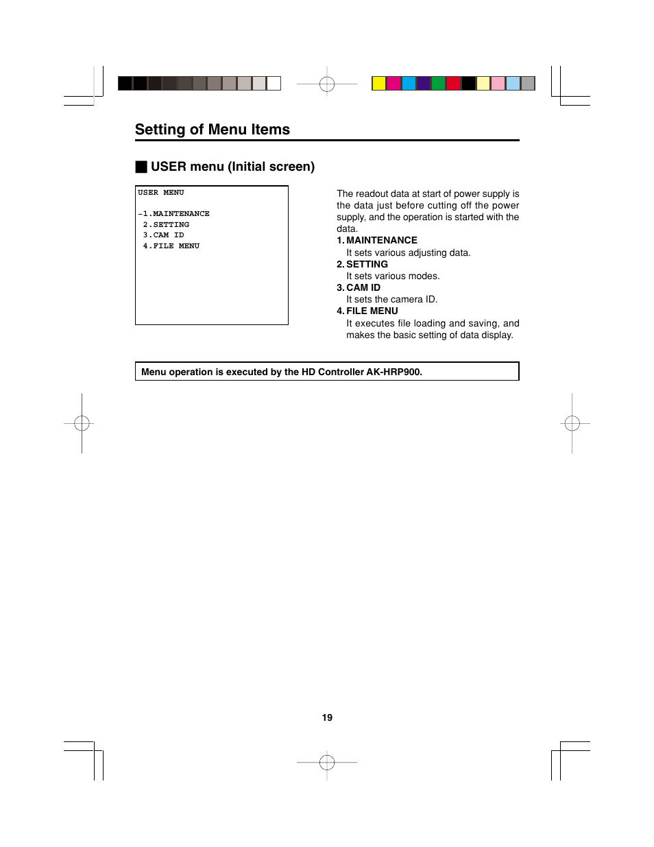 User menu (initial screen), Setting of menu items | Panasonic AK-HC900P User Manual | Page 19 / 33