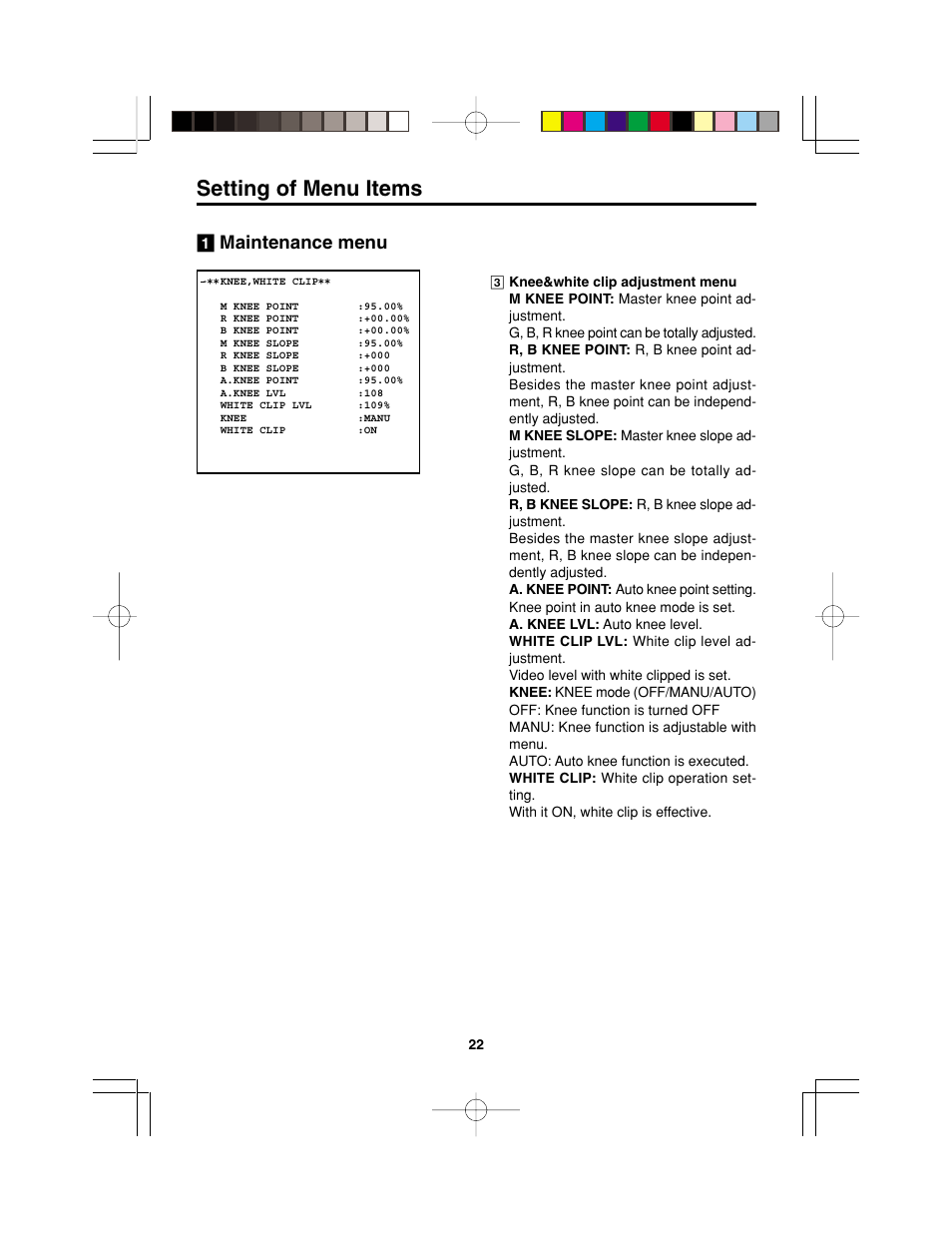 Setting of menu items | Panasonic AK-HC900P User Manual | Page 22 / 33