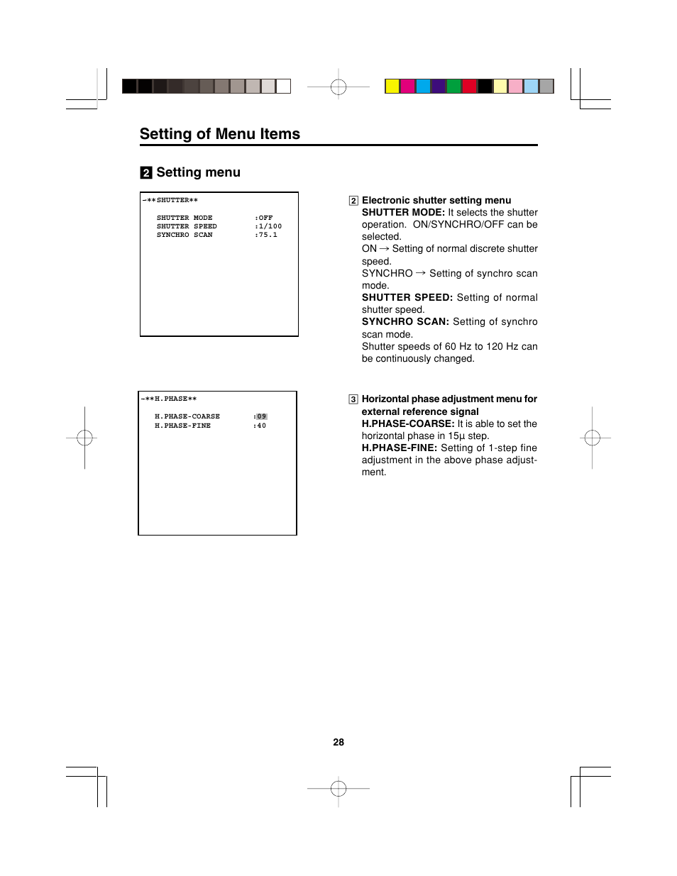 Setting of menu items | Panasonic AK-HC900P User Manual | Page 28 / 33
