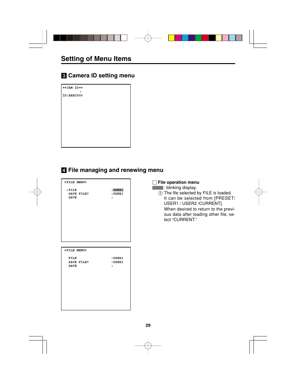 Camera id setting menu, File managing and renewing menu, Setting of menu items | Panasonic AK-HC900P User Manual | Page 29 / 33