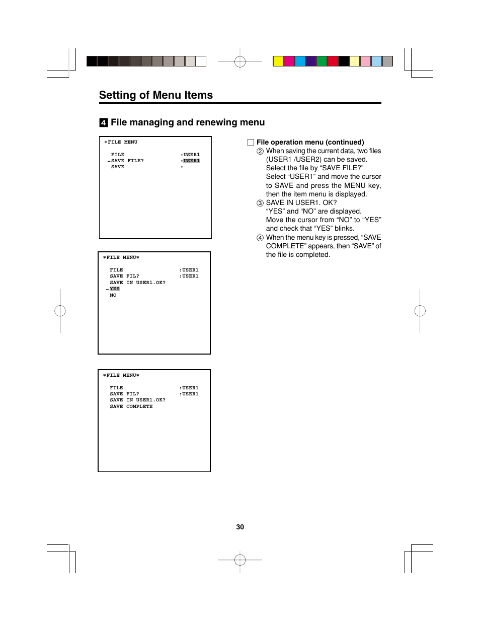 Setting of menu items | Panasonic AK-HC900P User Manual | Page 30 / 33