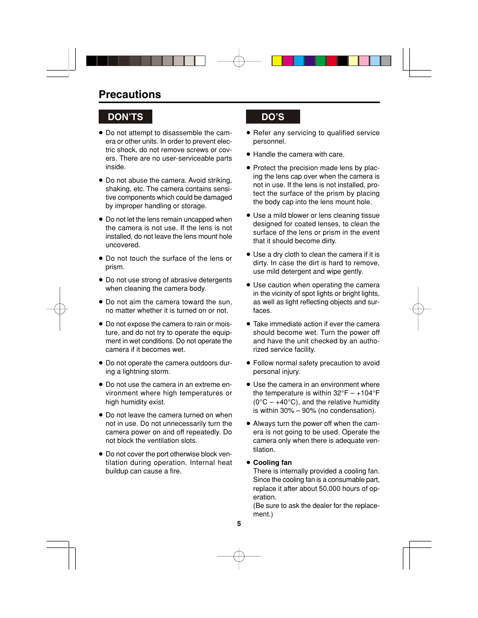 Precautions, Don’ts do’s | Panasonic AK-HC900P User Manual | Page 5 / 33