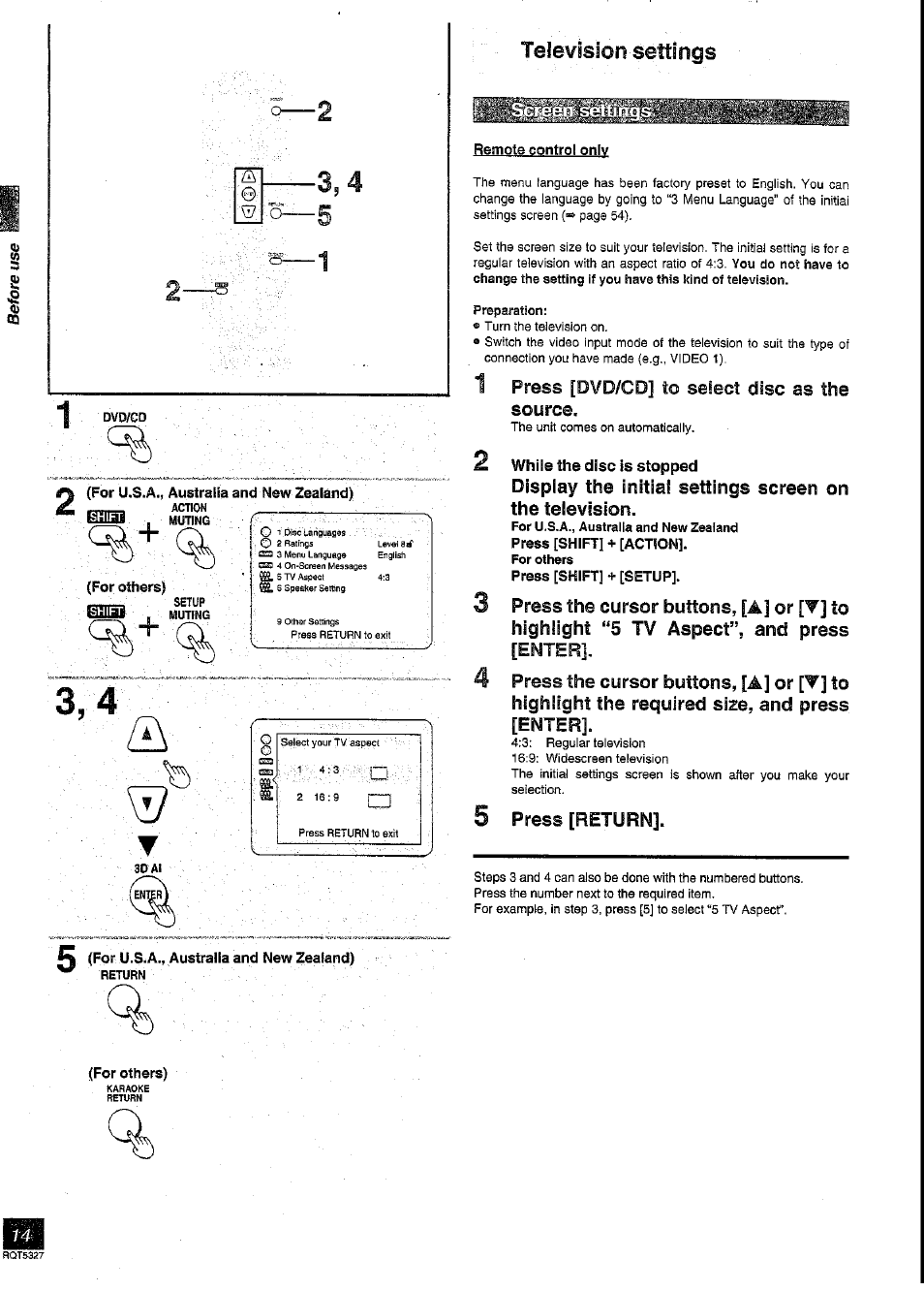 For u.s.a., austraiia and new zealand), For others) шш, For u.s^a,, australia and new zealand) | For others), Television settings, Remote control only, Press [shift] + [setup, Press [dvd/cd, Select disc as the source, Press [return | Panasonic SC-DK2 User Manual | Page 14 / 64