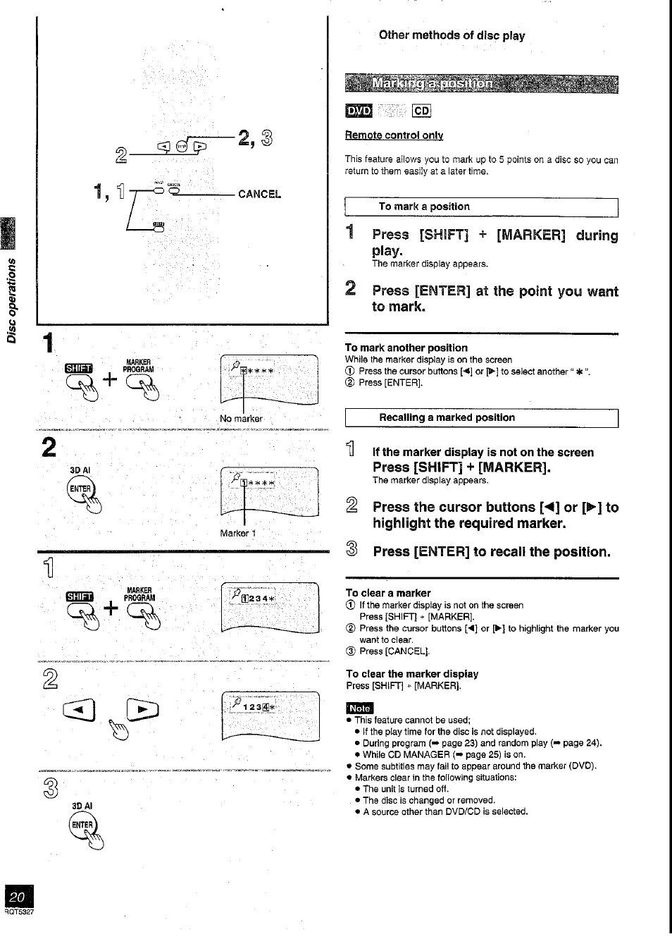 Remote control only, To mark a position, 1 press [shift] + [marker] during play | 2 press [eisster] at the point you want to mark, To mark another position, Recaliing a marked position, Press [shift] + [marker, 3 press [enter] to recall the position, To clear a marker, To clear the marker display | Panasonic SC-DK2 User Manual | Page 20 / 64