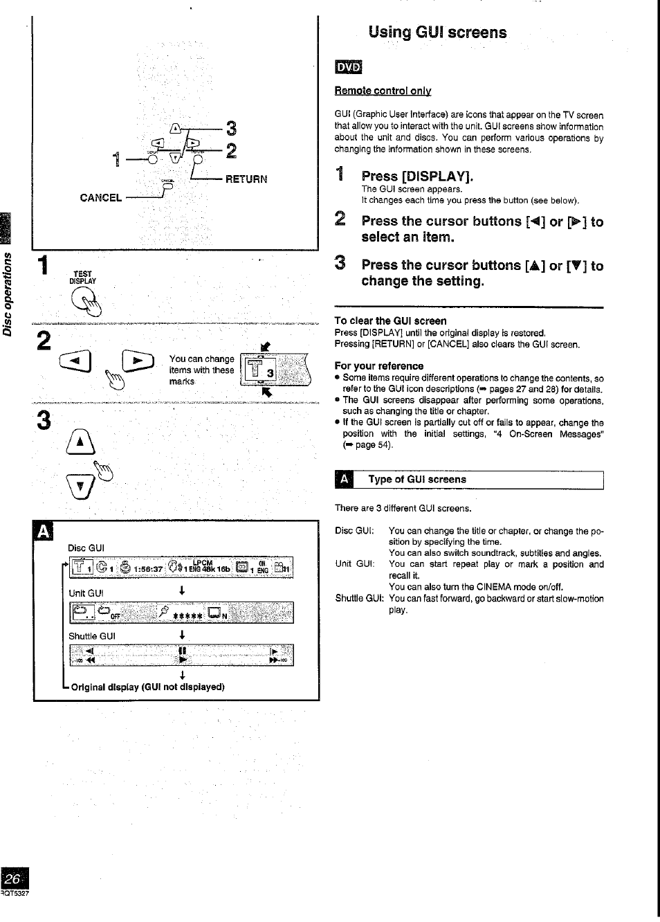 Using gui screens, Remote control only, 1 press [display | Type of gui screens | Panasonic SC-DK2 User Manual | Page 26 / 64