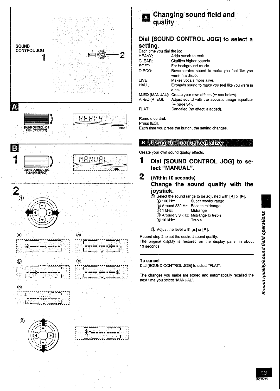 N changing sound field and "quality, Dial [sound control jog] to select a setting, 1 dial [sound control jog] to select “manual | Change the sound quality with the joystick, To cancel | Panasonic SC-DK2 User Manual | Page 33 / 64