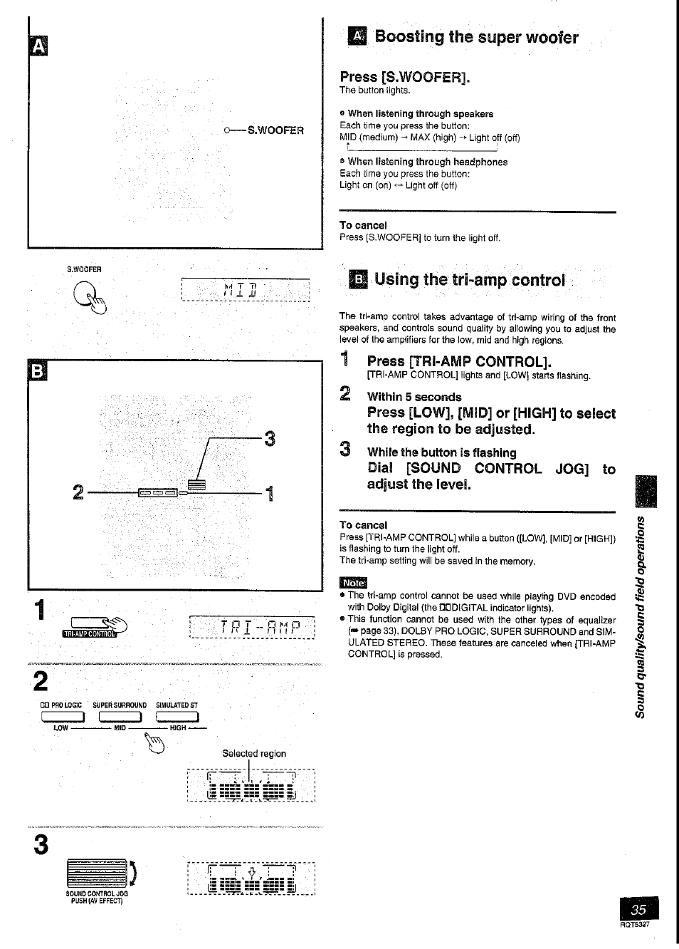 0—s.woofer, 9 boosting the super woofer, Press [s.woofer | To cancel, 1 using the tri-amp controi, 1 press [tri-amp control, Dial [sound control jog] to adjust the level, Ir~r | Panasonic SC-DK2 User Manual | Page 35 / 64