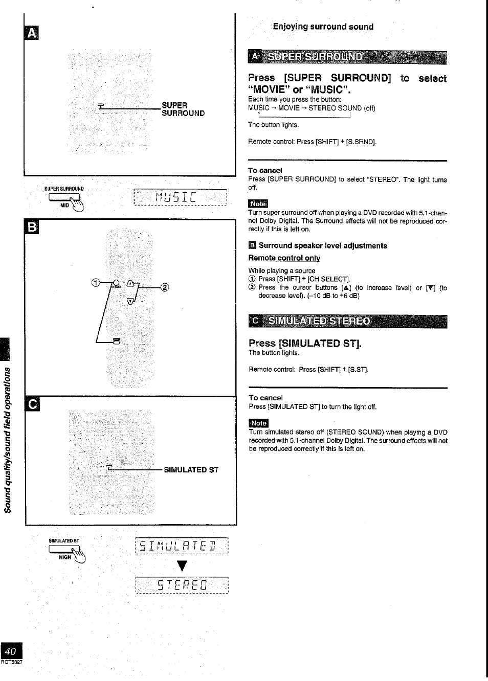 Super, Surround, Press [super surround] to select “movie” or “music | To cancel, O surround speaker level adjustments, Remote control only, Press [simulated st | Panasonic SC-DK2 User Manual | Page 40 / 64