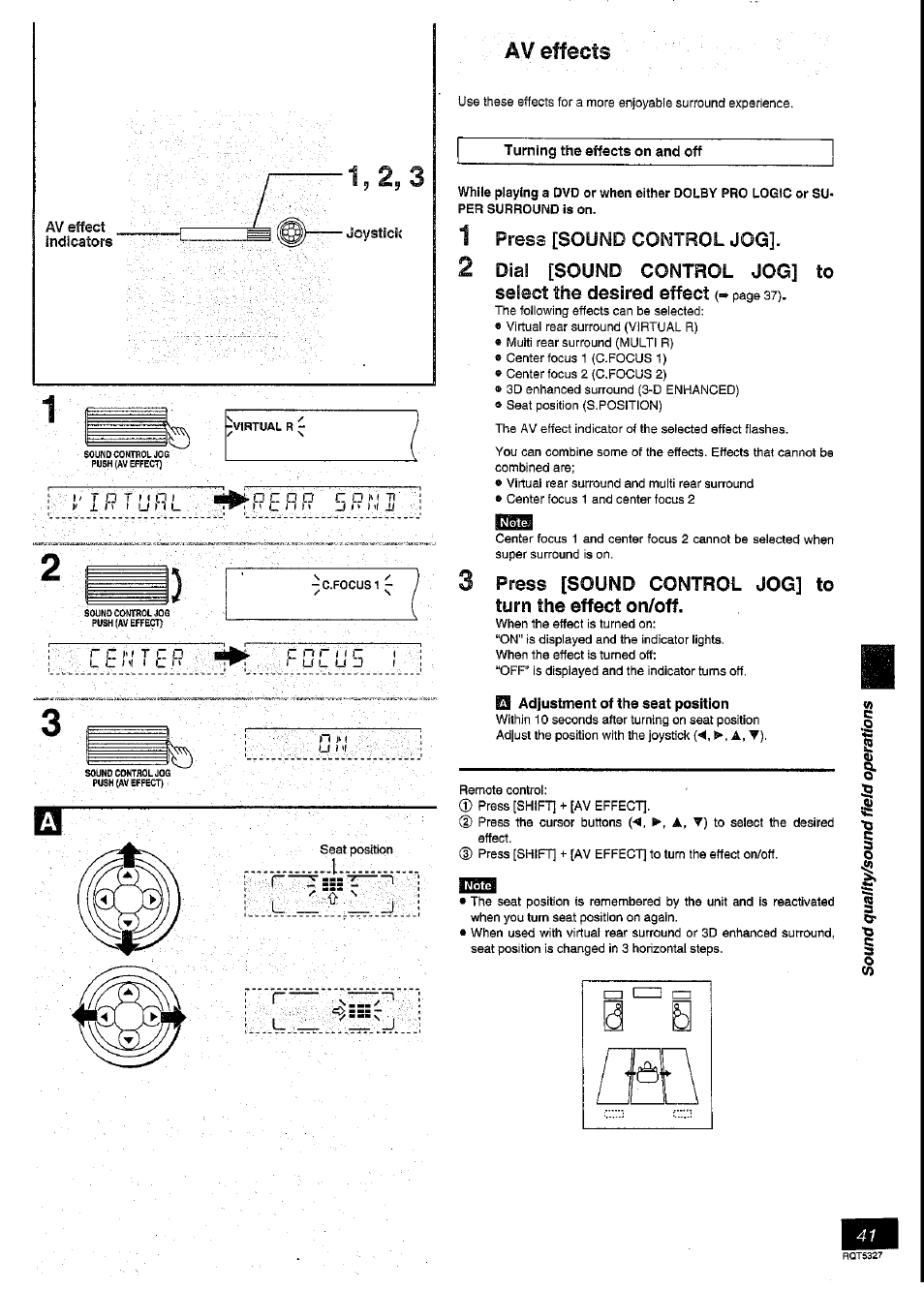 Av effects, Press [sound control jog, Adjustment of the seat position | Panasonic SC-DK2 User Manual | Page 41 / 64